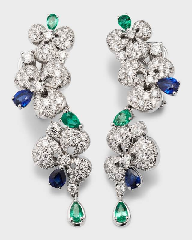 18K White Gold Ischia Diamond, Emerald, and Sapphire Earrings